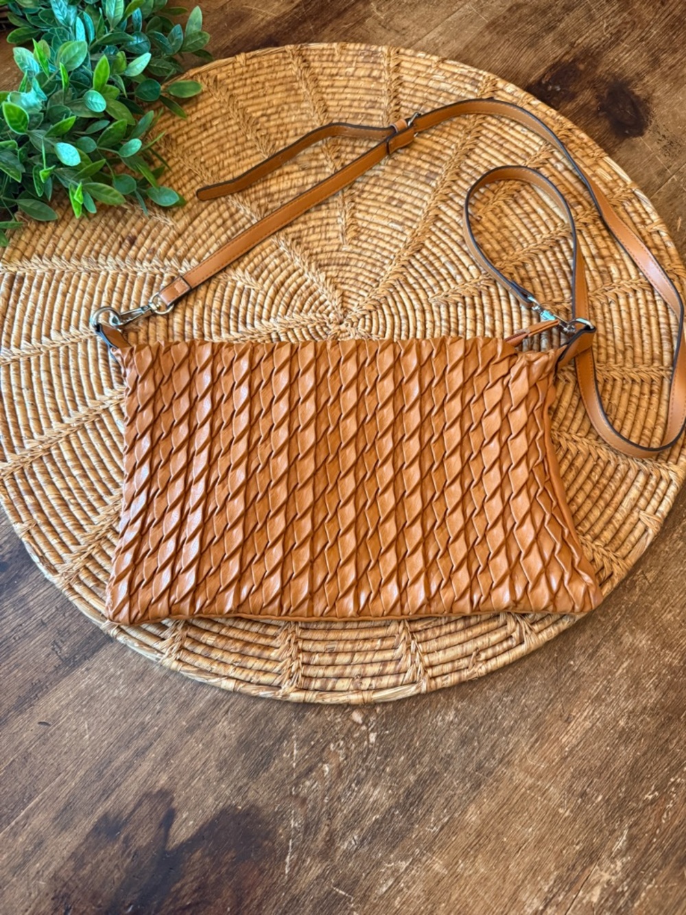 Sondra Roberts Squared Woven Crossbody Bag in Tan